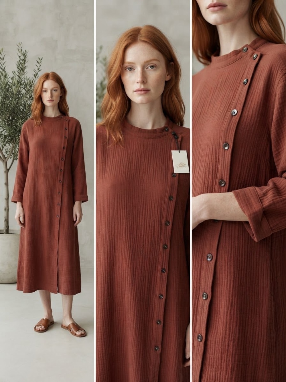 Atelier Delphine Asymmetric Side-Button Midi Dress in Terracotta Brick